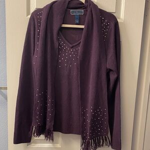 Karen Scott Deep Purple V-Neck Sweater with Matching Scarf